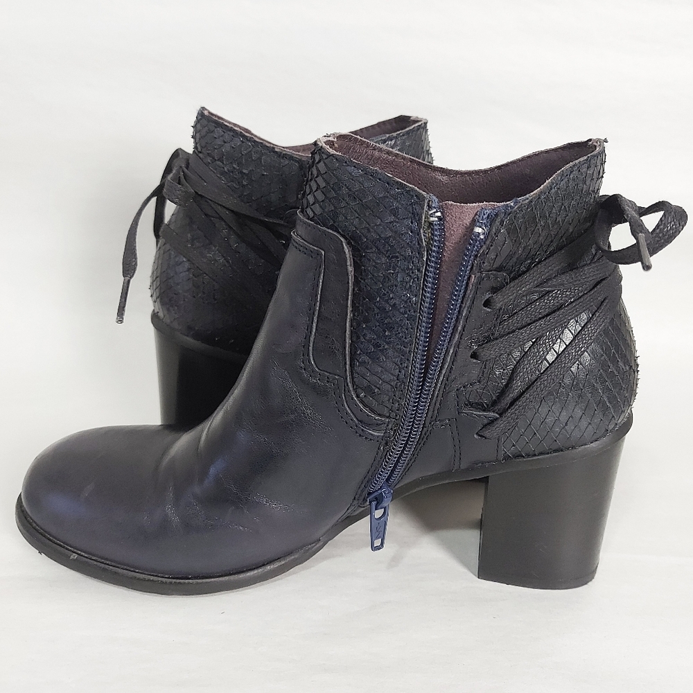 Brako Anatomic Comfy Ankle Boot Adjustable Back Tie Block Heel Dark Navy Leather - Picture 8 of 12